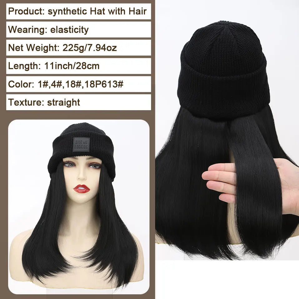 Hat Wig Knitted Beanie Wig Hat Hair Extension 11''18'' Long Wavy Curly Black Hat Wig Synthetic Hairpiece for Women Girls Winter