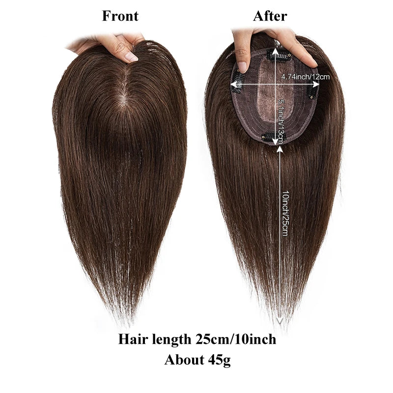 10 Inch 100% Human Hair 13X12cm Hairnet Clip in Hair Topper Extension with Bangs Top Wig Piece for Women Daily Life