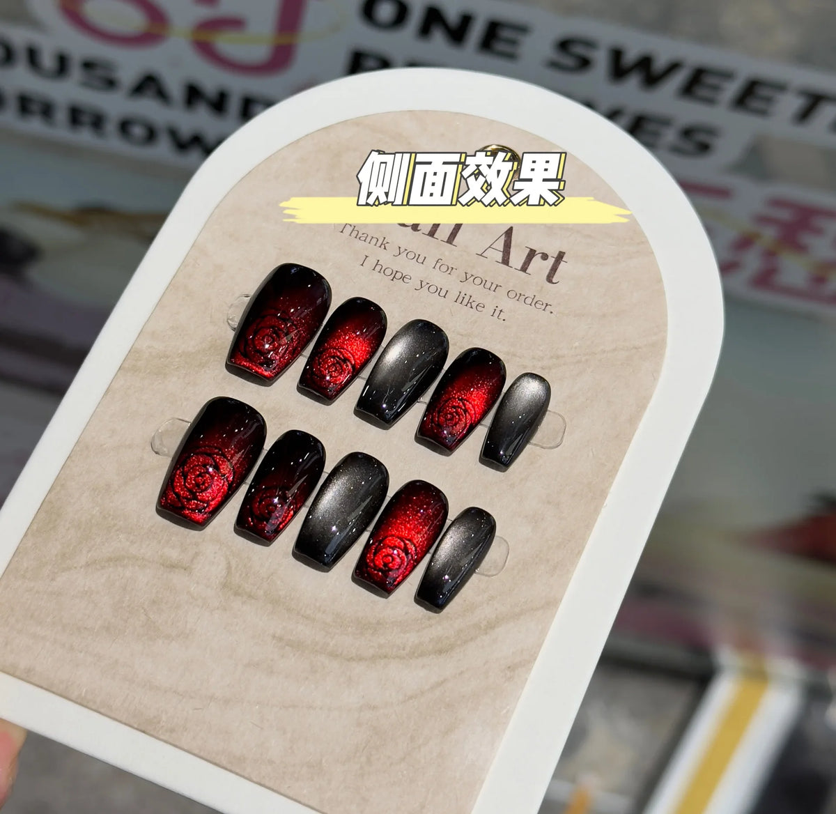 10pcs Handmade Press on Nails Blood-Red Glass Bead Rose Cat's Eye Fake Nail for Women&Girl Halloween Detachable Wearable Nail