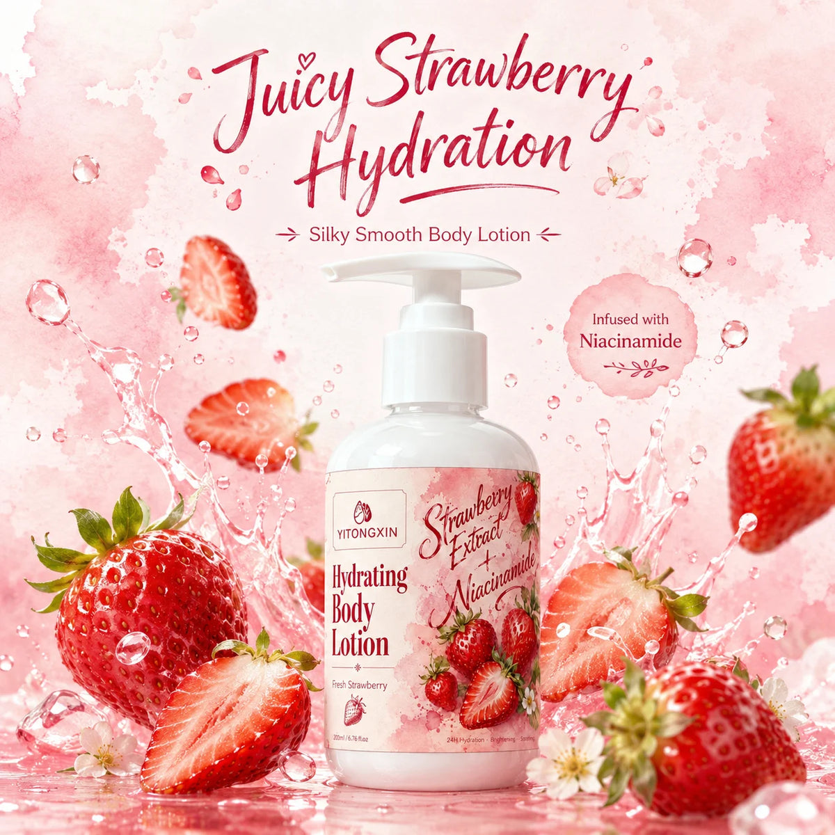 Hydrating Body Lotion with Strawberry Extract & Niacinamide, Moisturizing Brightening Body Cream for Dry Skin, Fast Absorbing