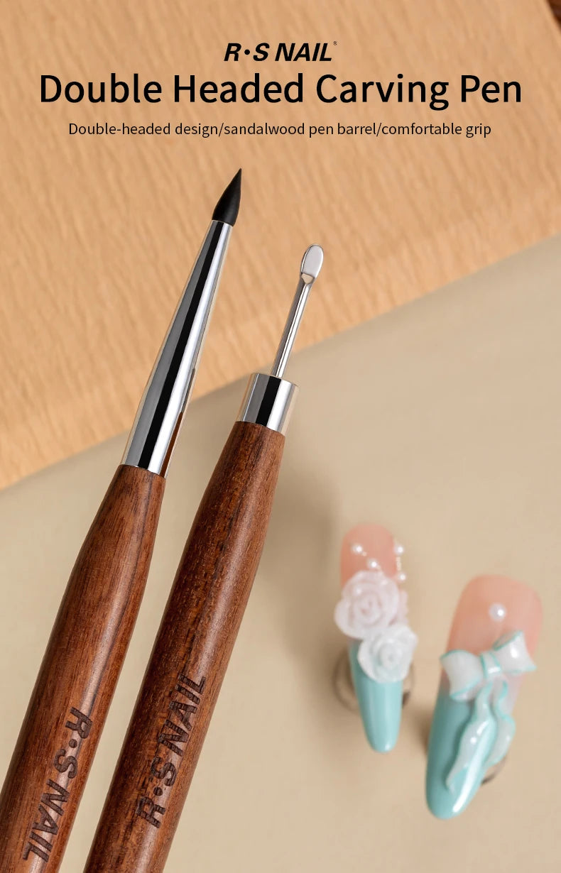 RSNAIL 1/2PCS Wooden Double Head Nail Art Brush Silicone Carving Pen Nail Supplies Carving Flower Painting Pen for Nail Art Tool