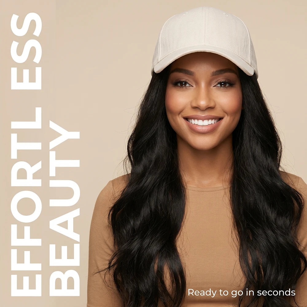 20" Beige Baseball Cap Wig Water Wave Hat Hair Extensions One-Piece Synthetic Hair Women Natural Heat Resistant Daily Outdoor