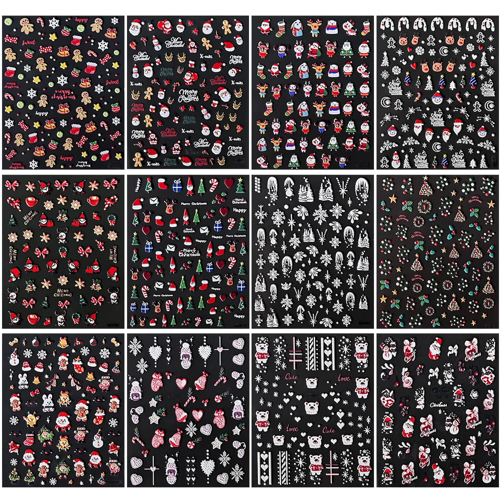 1sheet 5D Holly Berries Christmas Nail Declas Cute Polka Dots Christmas Trees Nail Stickers Gingerbread Man Snowflake Manicure