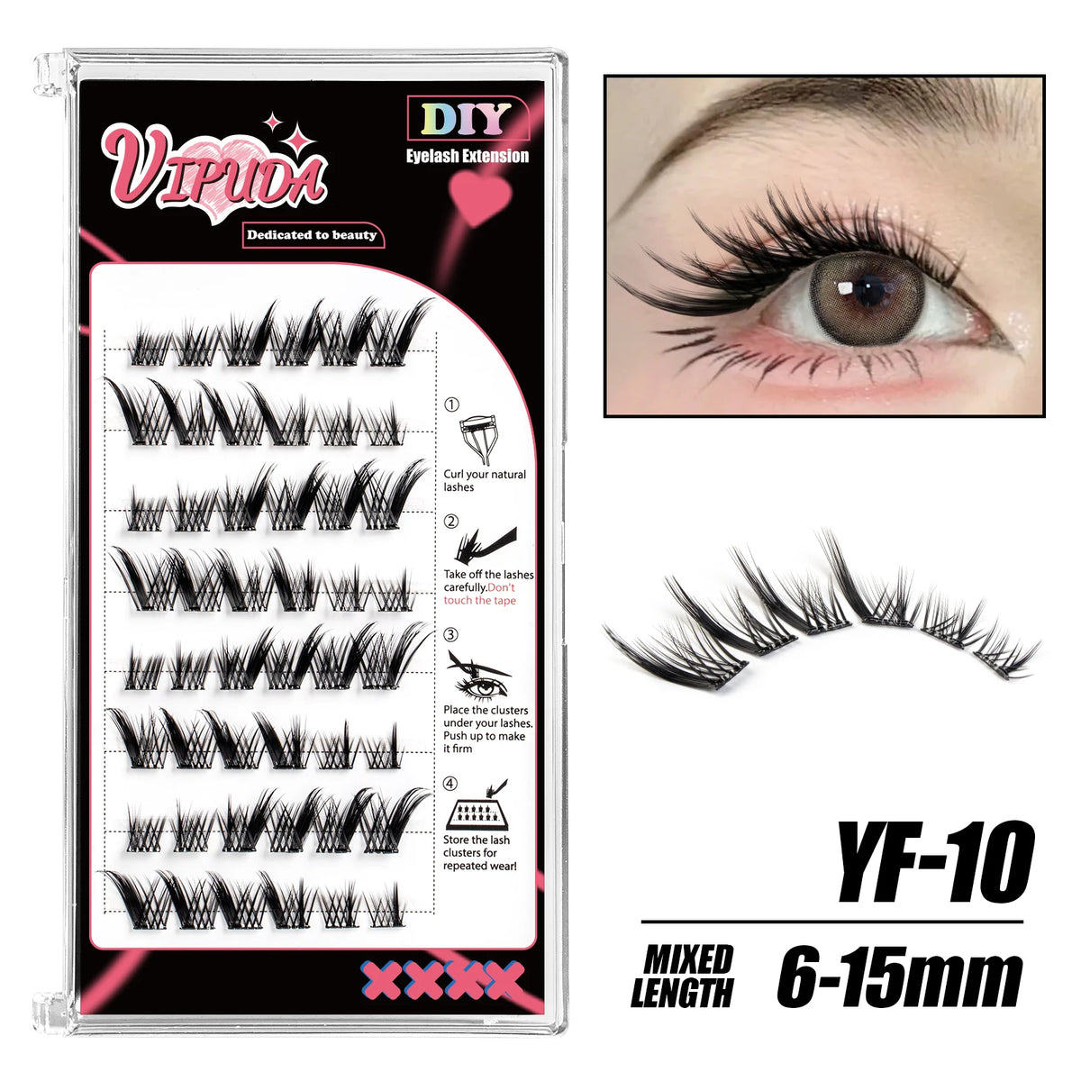 Vipuda Self Adhesive Cluster Lashes Press on No Glue Needed Segmented Eyelashes Reusable DIY Individual Eyelash Extension