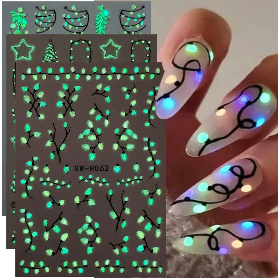 3pcs Glow In The Dark Christmas Light Nail Stickers String Lights Xmas Tree Star Adhesive Nail Decals DIY Manicure Decoration