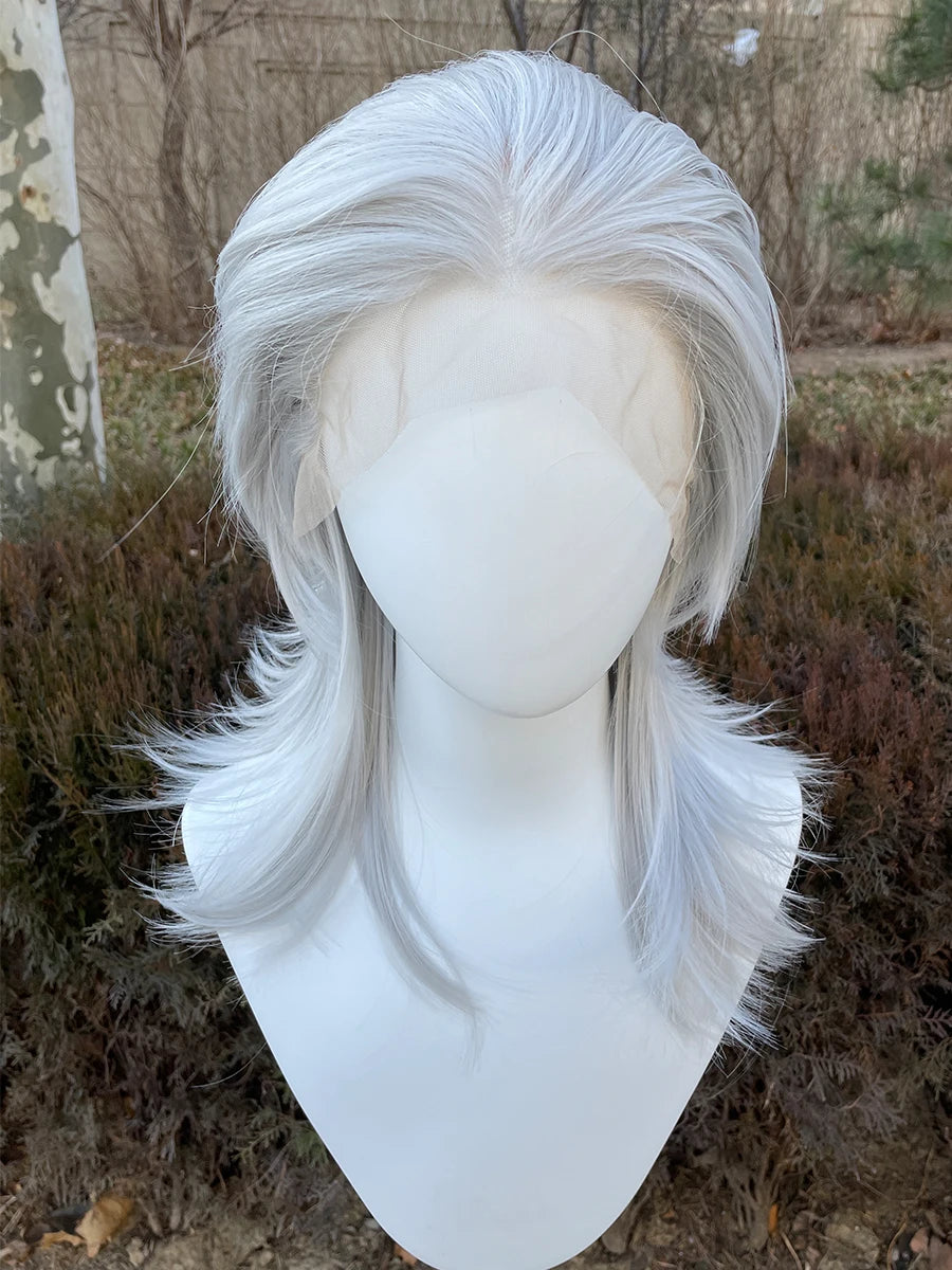 Sliver Gray 13x4 Synthetic Lace Front Wig for Women Cosplay Shoulder Length Mullet Synthetic Wigs Layers Ponytails Glueless Wigs