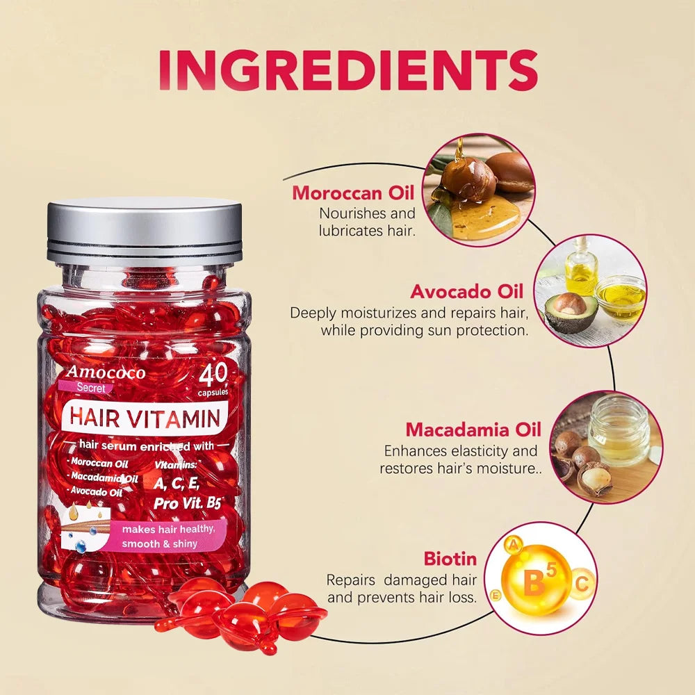 Amococo 6/8pcs Hair Vitamin Serum 40 Capsules Each Moroccan Oil Hair Oil Capsules Leave In Treatment with Macadamia Avocado Oil for Dry Frizzy Hair Smooth Shiny Hair Care
