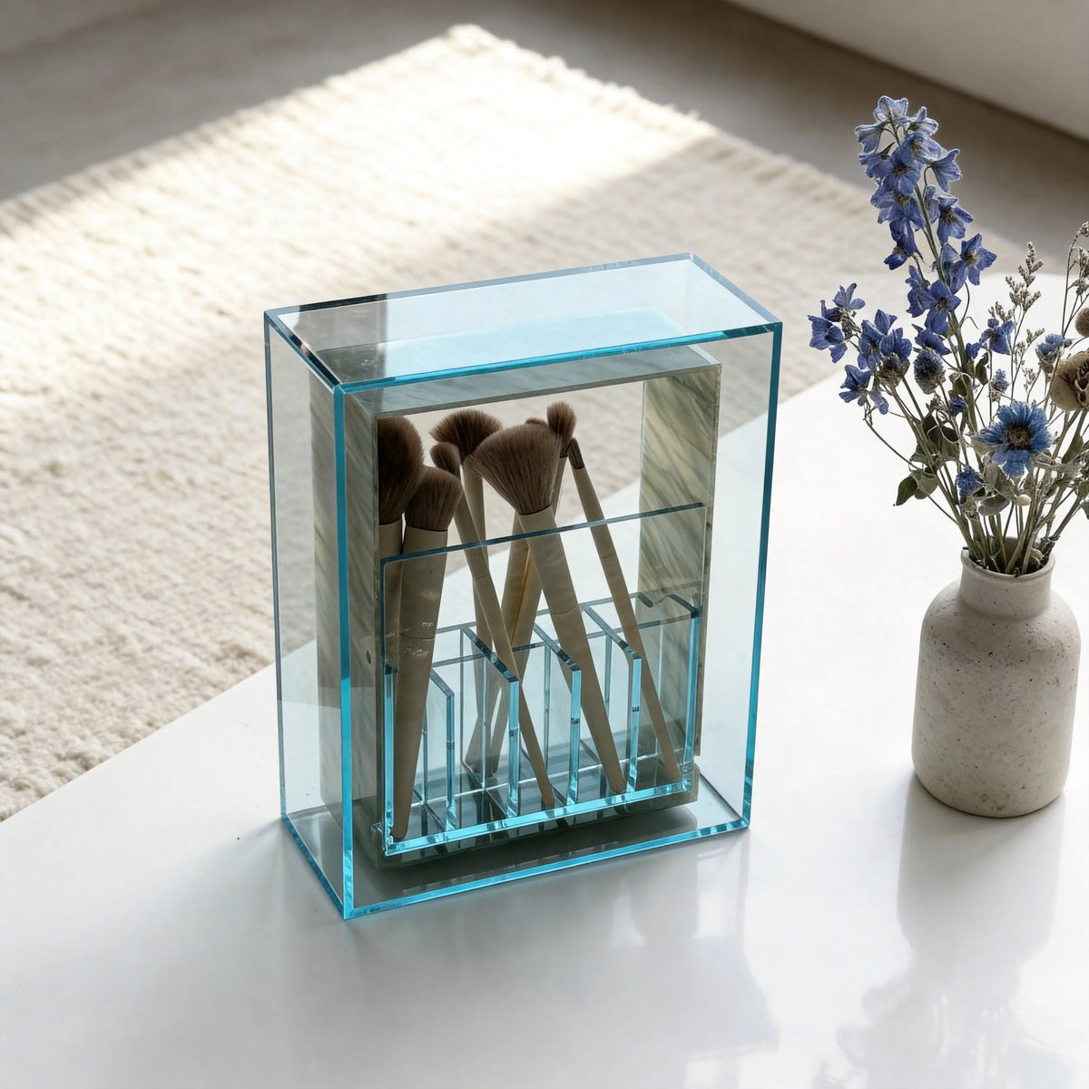 Wood and stone acrylic makeup brush storage box marble rotating dust-proof storage cylinder grid large-capacity lipstick box