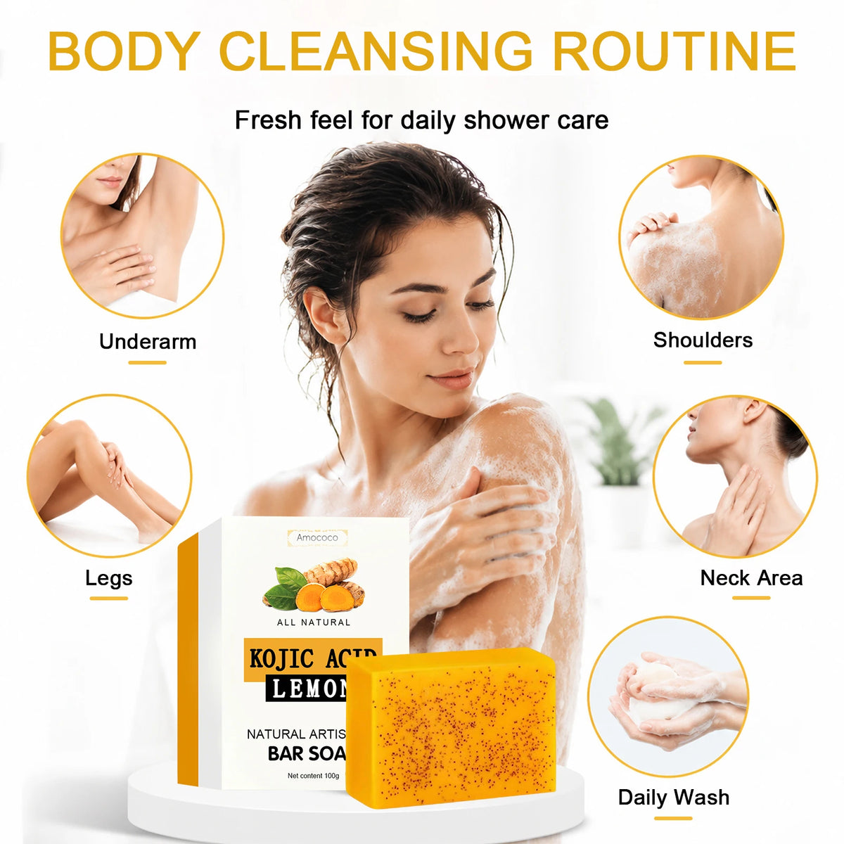 Amococo 3/5/10/30Pcs Turmeric Kojic Acid Brightening Bar Soap Natural Face and Body Cleanser with Vitamin C Retinol Hyaluronic Acid and Shea Butter 100g