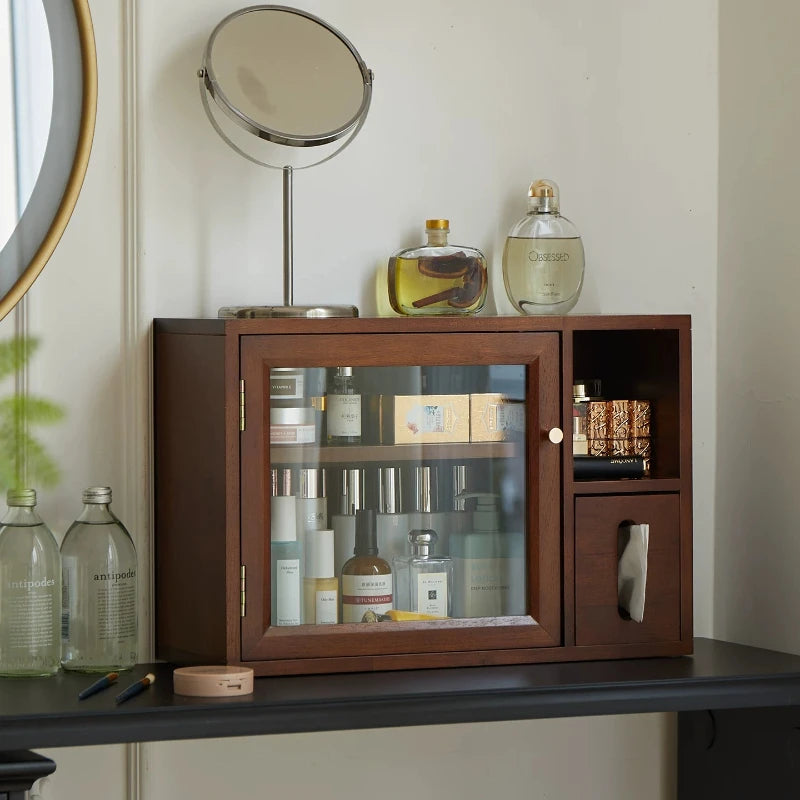 Mid Century Solid Wood Cosmetic Storage Box Drawer Organizer for Perfume Skincare Desktop Vanity Cabinet Rustic Makeup Holder