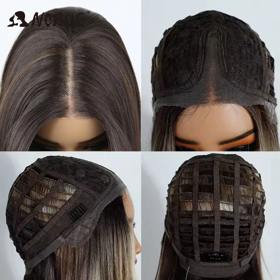 Noble Synthetic Lace Front Wigs For Women 12 Inch Pre Plucked Pre-Cut Ombre Brown Blonde Straight Layered Bob Wig Cosplay Wig