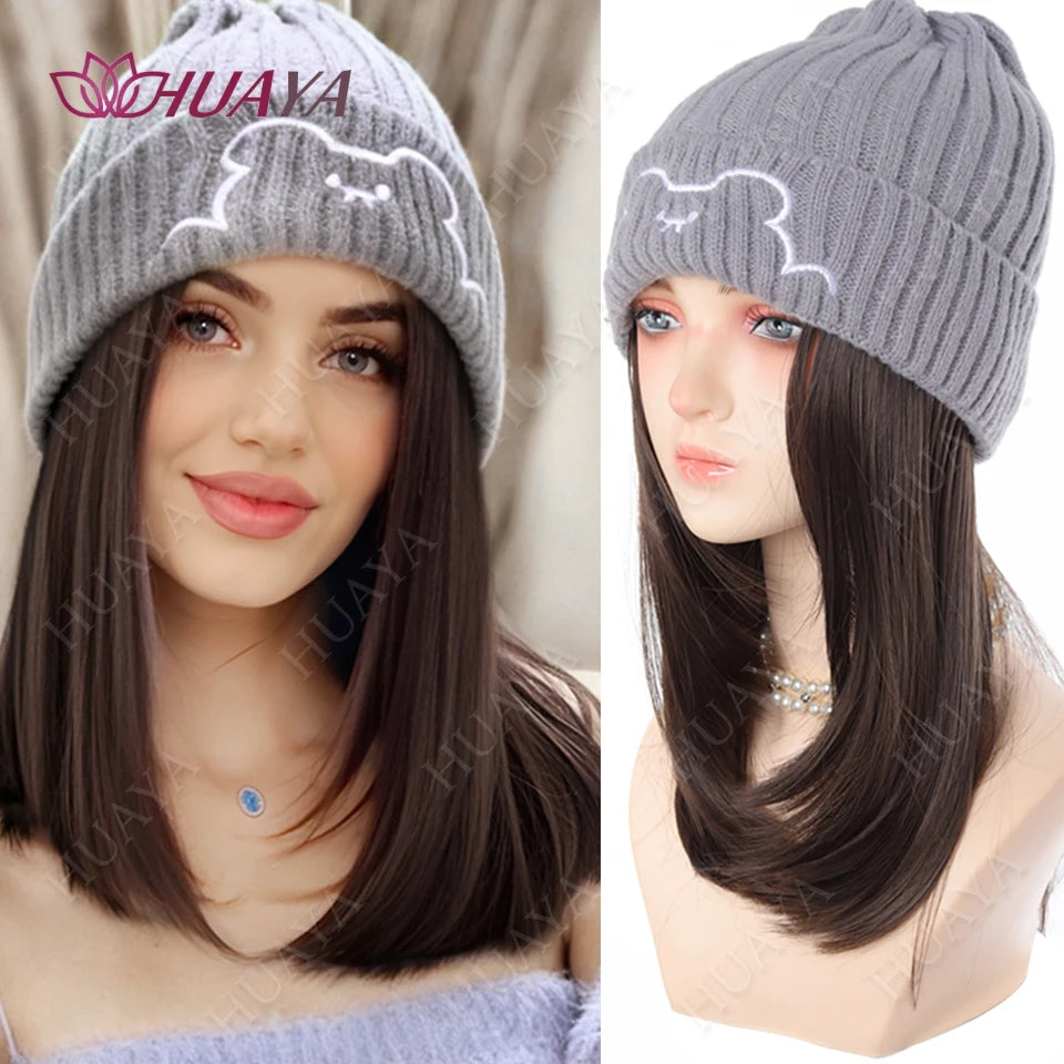 Synthetic Hat Wig Medium Length Straight Hair knitted Hat Wig Hair Extensions Accessories Autumn Winter Cap Warm Velvet Lining