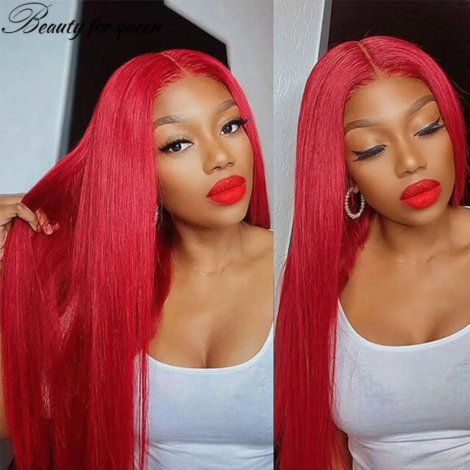 Red Long Straight Human Hair Wigs Extensions Invisible Lace Melting Colored 13x4 Lace Front Wig Glueless Wear And Go For Women