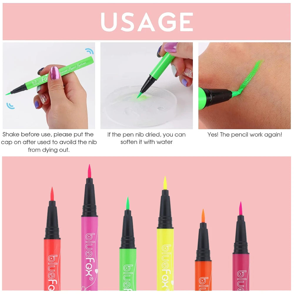 6Pcs Neon Fluorescent UV Glow Eyeliner, Waterproof Long Lasting Colorful Liquid Eye Liner, Rave Party Halloween Makeup Tools