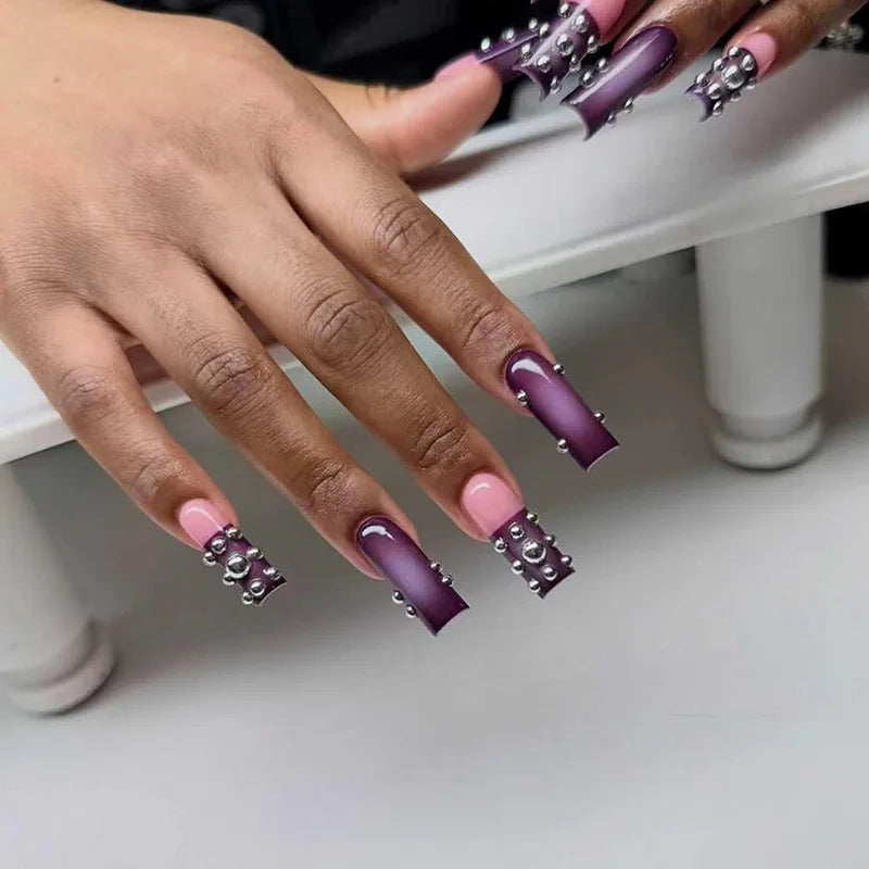 24Pcs Mid-length Square Head Press on Nails Black White Stripe French False Nails Full Cover Polka Dot Reusable Fake Finger Nail