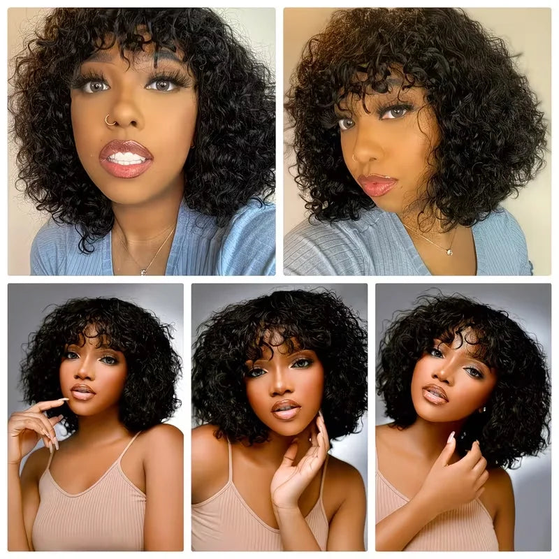 3X1 Middle Part Lace Curly Bob Wigs With Bangs Brazilian Hair Machine Made Short Bob Wig With Realistic Scalp Natural Black Color