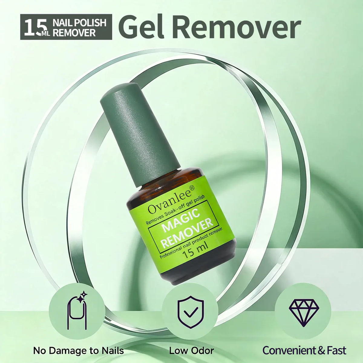 Ovanlee 2-Pack Magic Nail Gel Remover – 15ml X 2 Fast 2-5 Min Burst UV Polish Dissolver, No Foil Wraps, Low Odor & Gentle, Easy Peel-Off Gel Remover for DIY Manicure