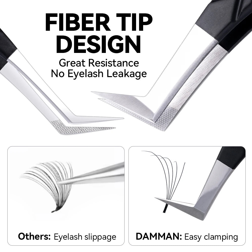 DAMMAN 3PCS Lash Tweezers Set Fiber Tip Tweezers for Eyelash Extension High Precision Eyelash Tweezers with Leather Case