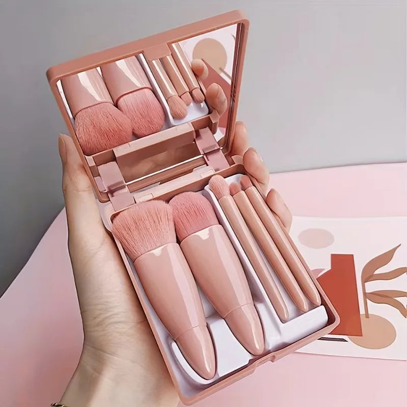 1sets 5Pcs Portable Makeup Brush Set With Mirror - Foldable Travel Kit ，Mini Makeup Brush Set Travel Makeup Brush Set
