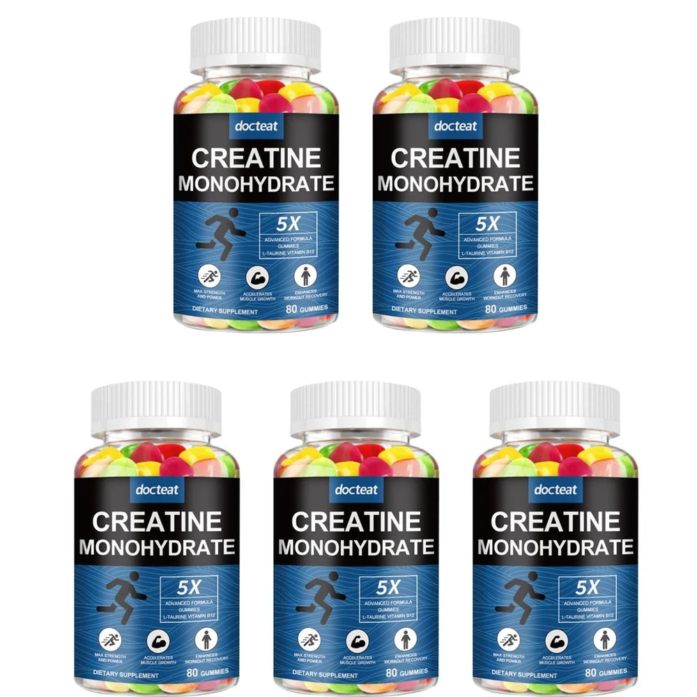Docteat Creatine Monohydrate Gummies for Energy Support and Workout Recovery, Non-Sticky Sweet-Sour Chew, Easy Carry, 80 Gummies