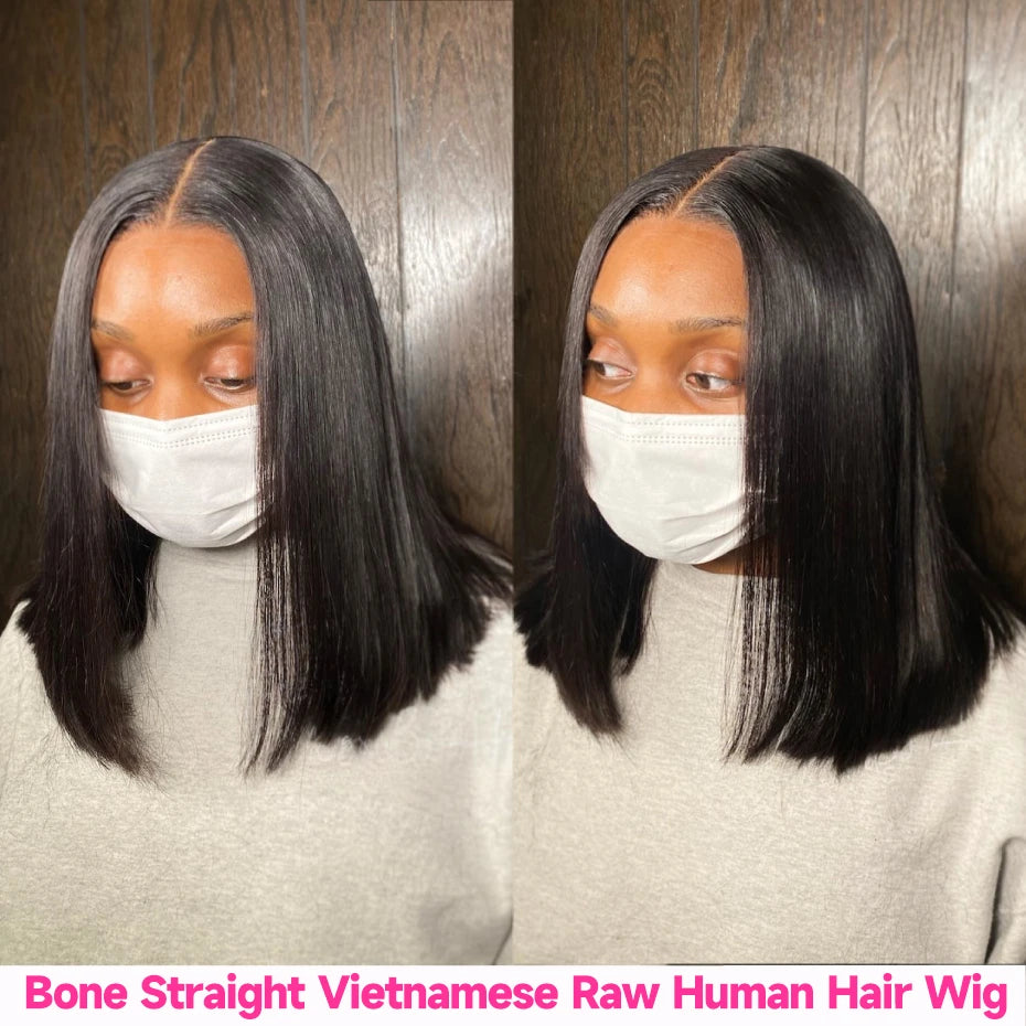 Natural Black Bob Wig Human Hair Blunt Cut Bone Straight 13x4 Transparent Lace Front Wig Ear to Ear Shoulder Length Straight Bob Wigs For Women 250% 280% Density
