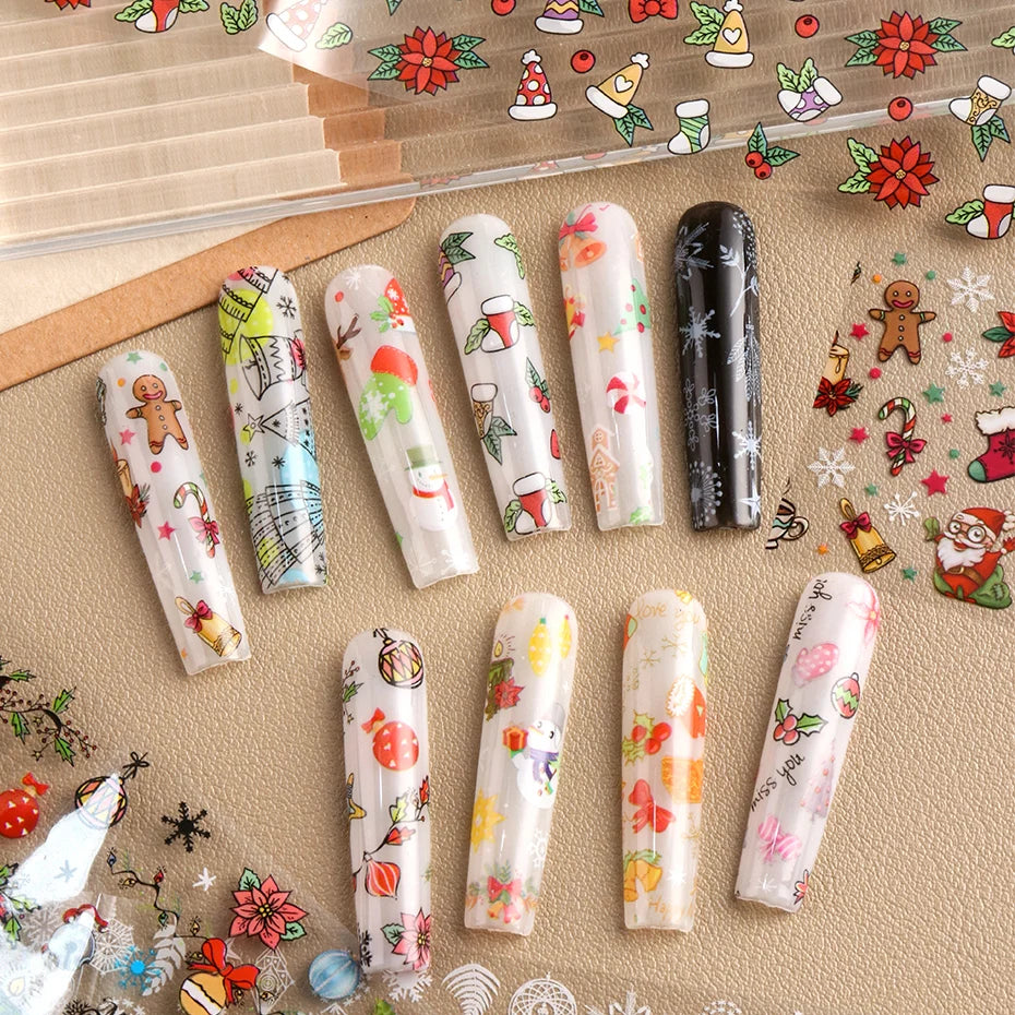 10pcs Christmas Nail Foils Transfer Stickers Xmas Tree Nail Decals Gingerbread Snowflake Winter Festive Nail Art Foil Decoration