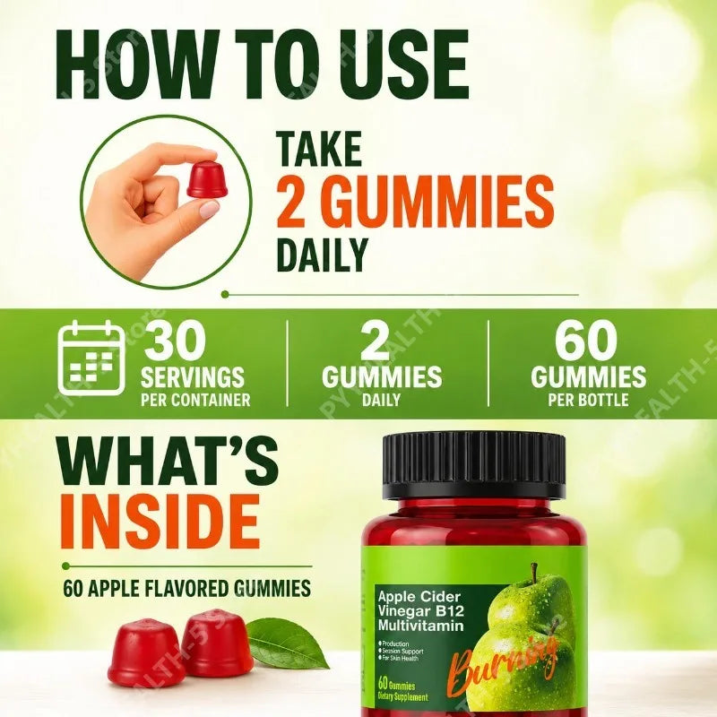 Apple Cider Vinegar B12 Gummies Free Vegan Gluten-Free for Healthy Metabolism & Daily Wellness Support for Men Women 60 Gummies