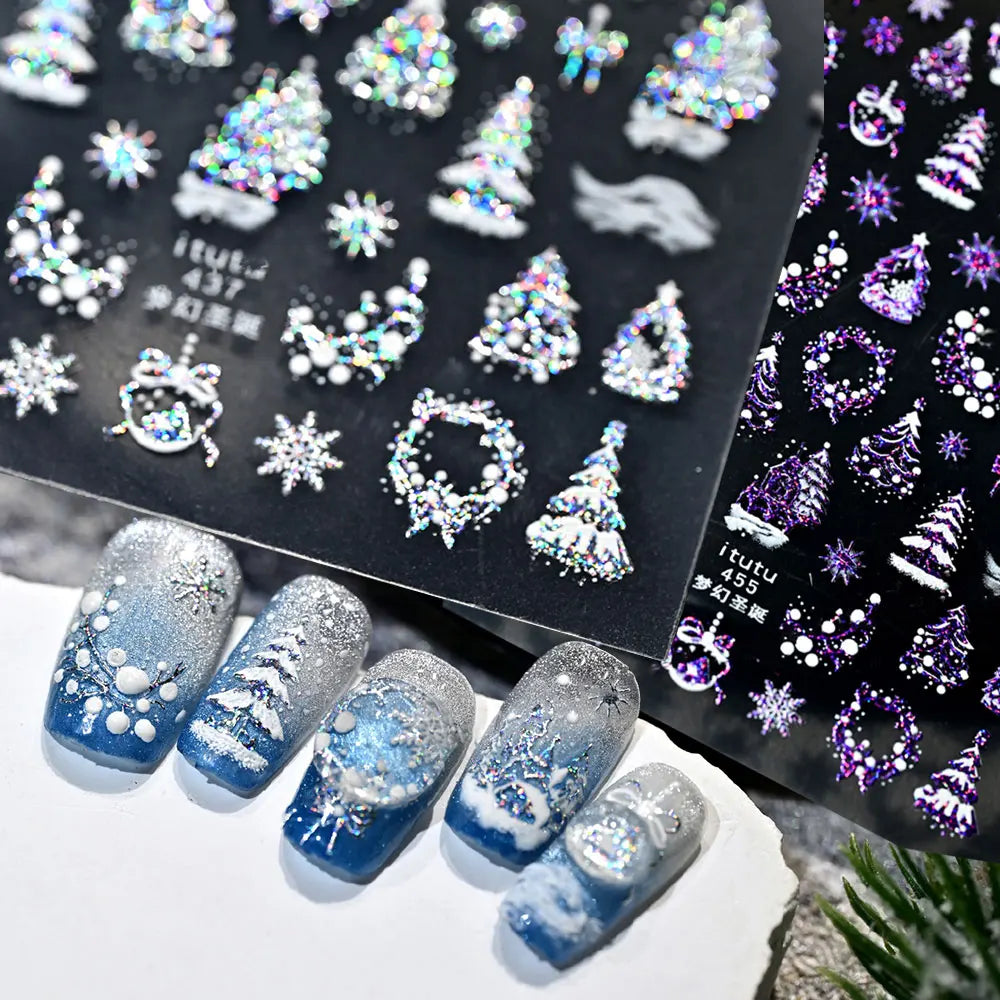 1pcs Laser Glitter Silver Purple Christmas Tree Crystal Ball Nail Sticker 5D Embossed Snowflake Christmas Nail Decals Nail Parts