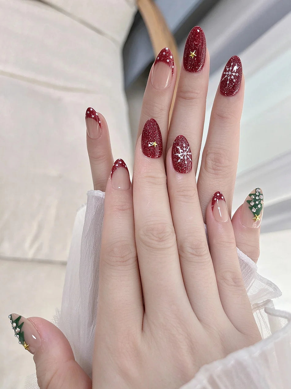 Handmade Short Almond Press On Nails Red Glitter Christmas False Nails Rhinestone Christmas Tree Snowflake Design Reusable 10Pcs