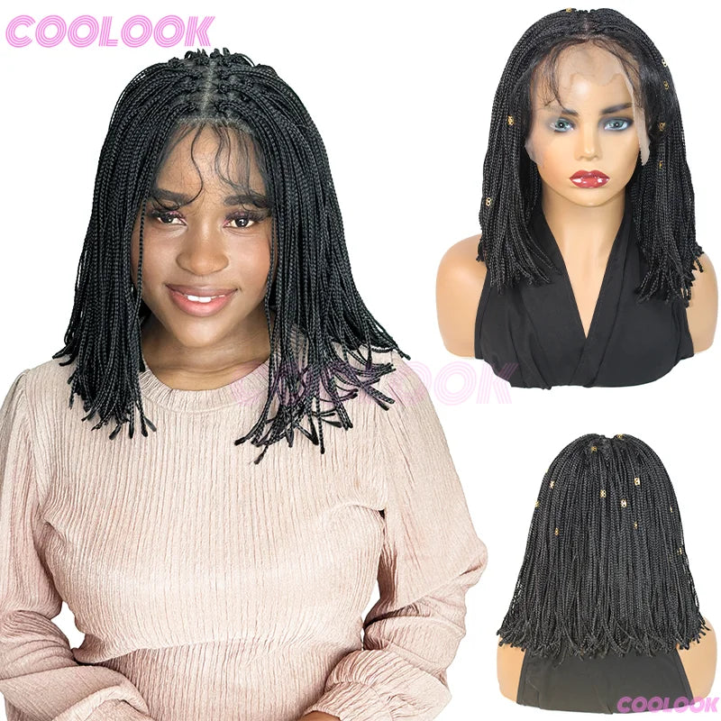 12" Short Braided Wigs For Women Synthetic Wig 6*6 Lace Braids African Wigs Cornrow Micro Black Wig