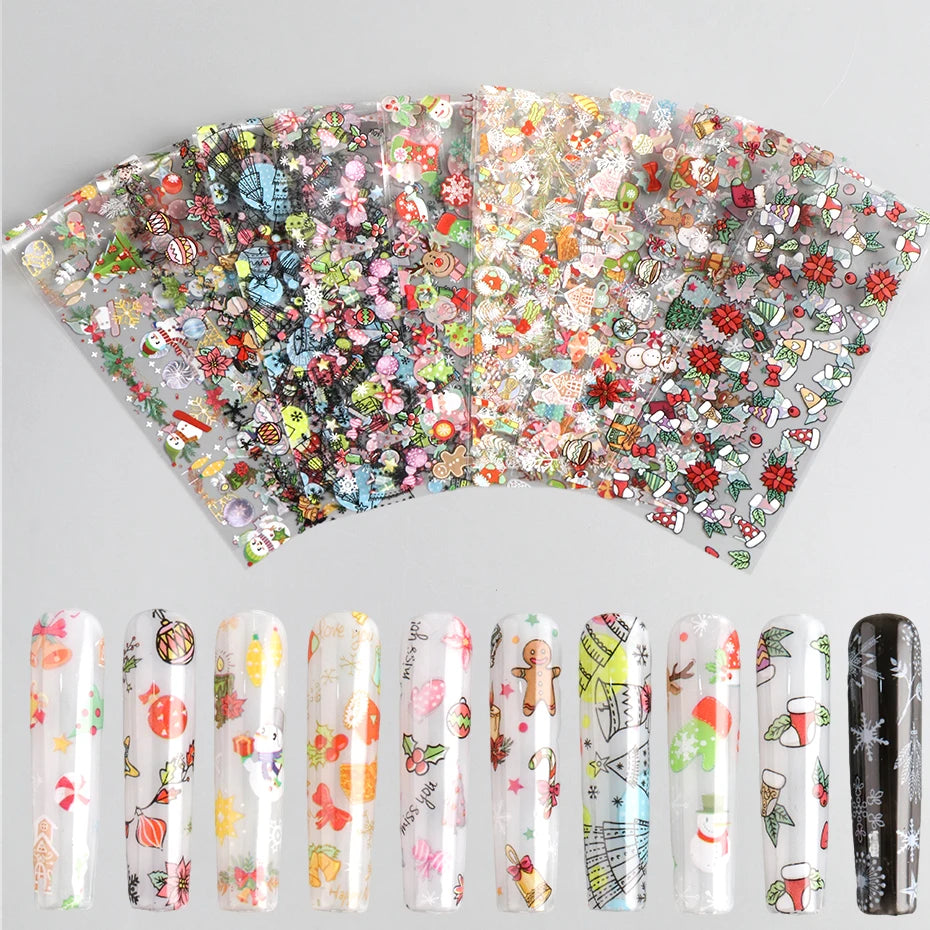 10pcs Christmas Nail Foils Transfer Stickers Xmas Tree Nail Decals Gingerbread Snowflake Winter Festive Nail Art Foil Decoration