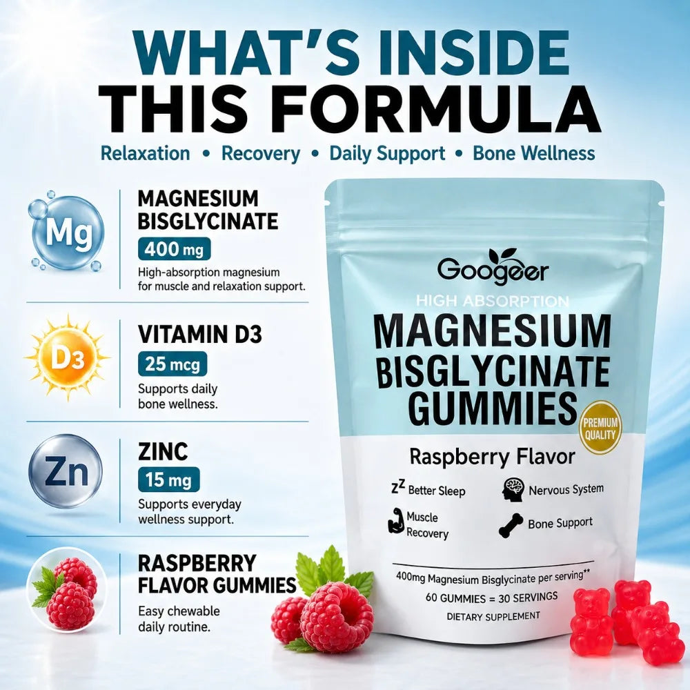 Magnesium Bisglycinate Gummies Raspberry Flavor, 400mg Magnesium, Vitamin D3 Zinc, High Absorption, 60 Count Daily Supplement