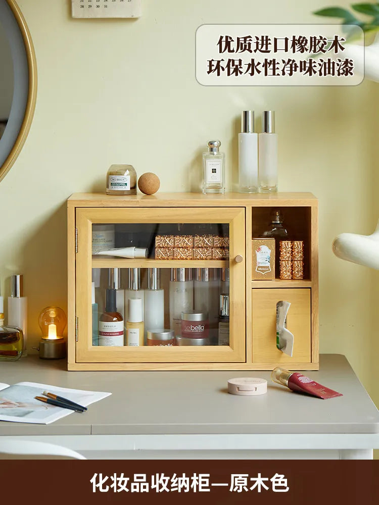 Mid Century Solid Wood Cosmetic Storage Box Drawer Organizer for Perfume Skincare Desktop Vanity Cabinet Rustic Makeup Holder