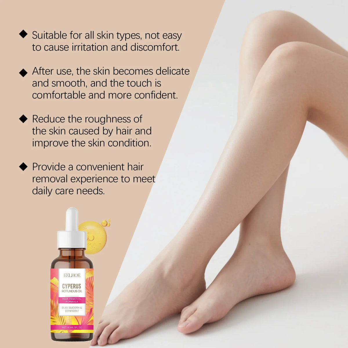 Cyperus Rotundus Oil for Hair Removal Painless Soothing & Nourishing Depilatory Cream for Legs Arms Underarms Smooth Skin Care