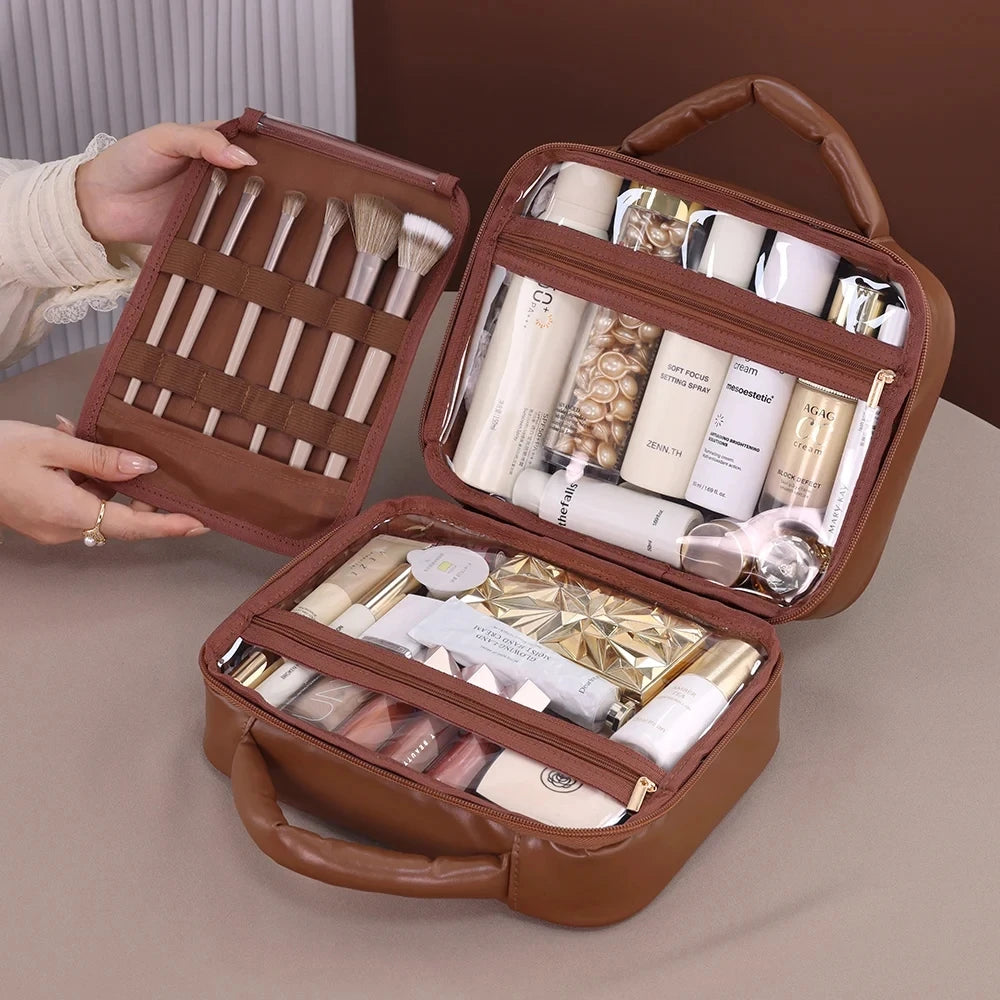Luxury Checkered Cosmetic Bag For Women Large Capacity Waterproof Makeup Toiletry Bag Brown Melard Travel Wash Storage Bag