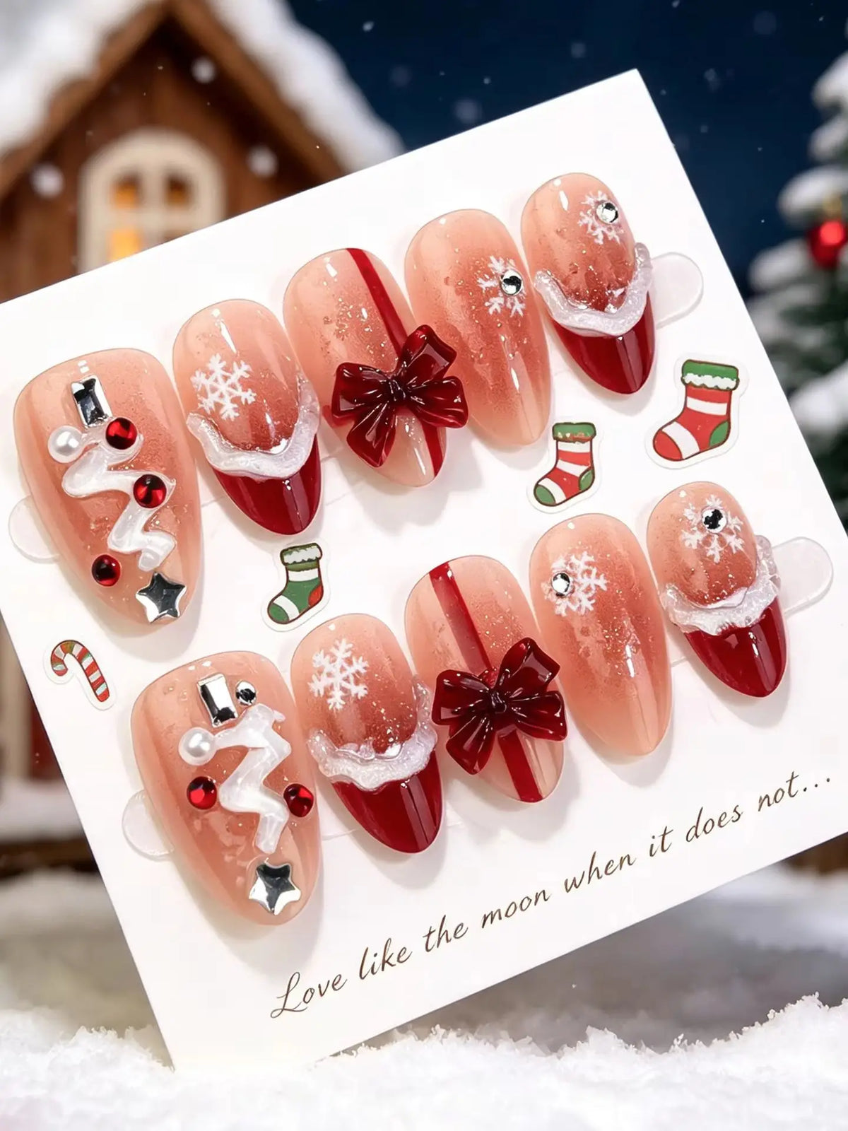 30Pcs  Almond Press On Nails Nude Base  French Tip False Nails with 3D Snowman Rhinestone Christmas Wearable Nails For Women