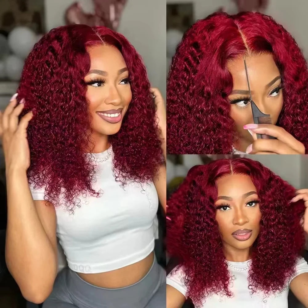 180 Density Burgundy 99J Short Bob Wigs Deep Wave 13x4 HD Lace Front Human Hair Wig Water Deep Curly Glueless Lace Closure Frontal Wig