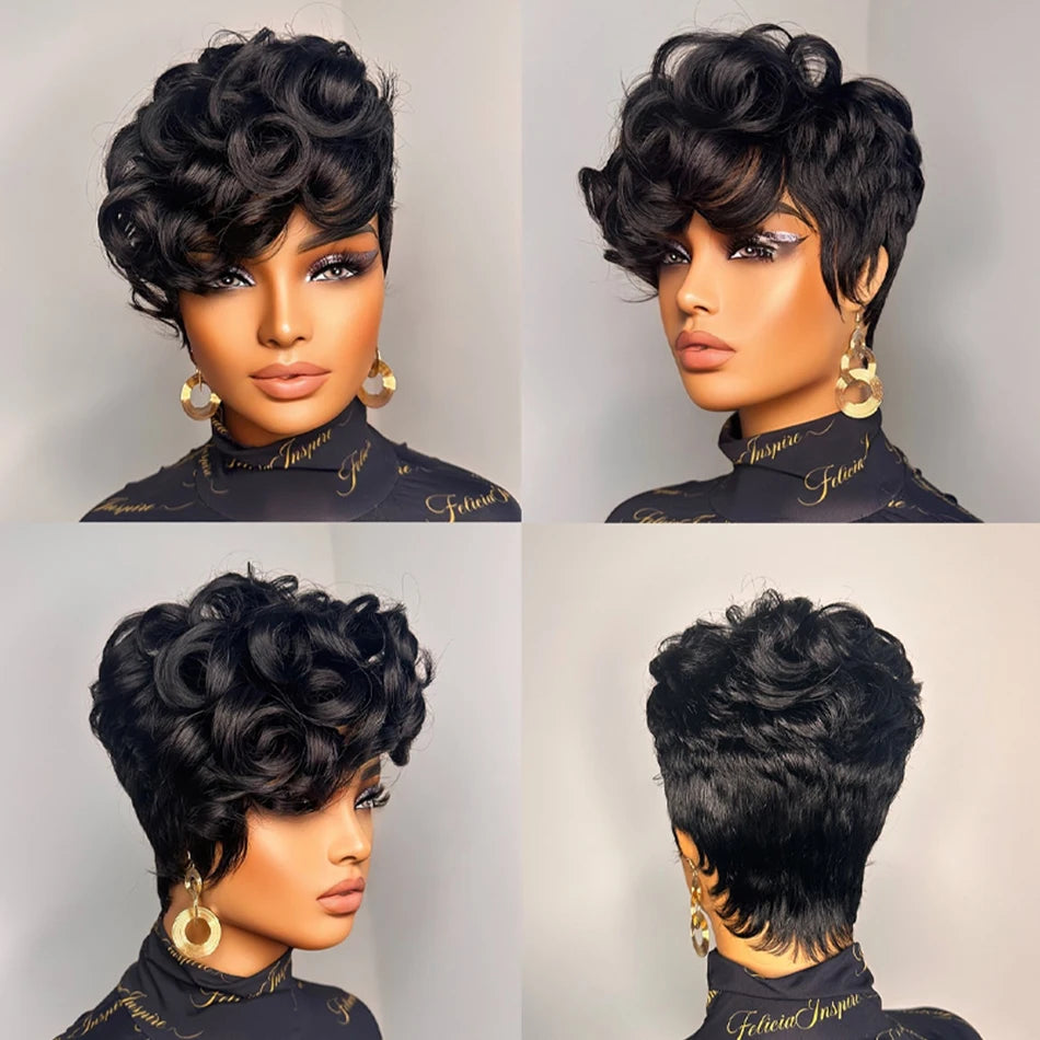 Pixie Cut Human Hair Wig for Women 6" Layered Short Loose Curly with Bangs 180% Density Remy Brazilian Hair Rose Net Cap