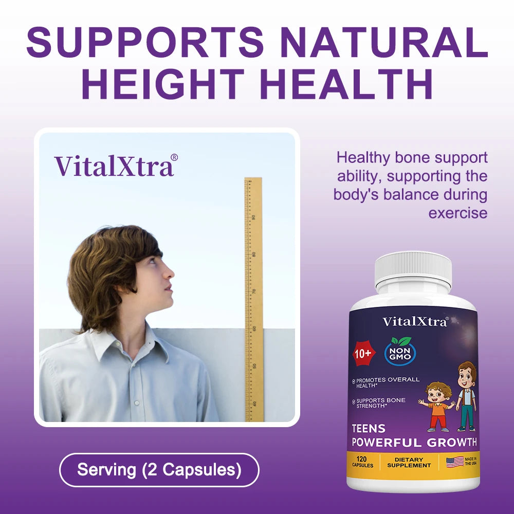 TEENS POWERFUL GROWTH Supplements Capsules, Containing Vitamin D3 + K2, Calcium, To Strengthen Bones and Enhance Immunity