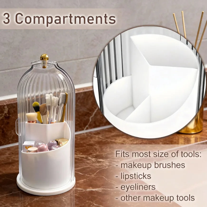 Makeup Brush Holder Organizer With Lid,360 Rotating Dustproof ABS Storage Caddy,3 Slots Sliding Lid Toothbrush Holder With Non-Slip Base,Multi-Use Space-Saving Organizer For Makeup Brushes Toothpaste,Perfect For Vanity Bathro