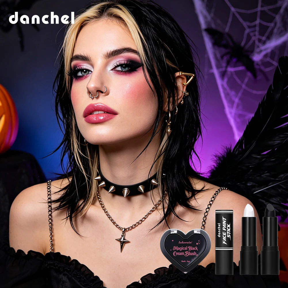Halloween Gothic Makeup Kit Storage Bag Dark Cream Blush Black White Face Paint Stick Cosplay Party Festival Face Body Makeup