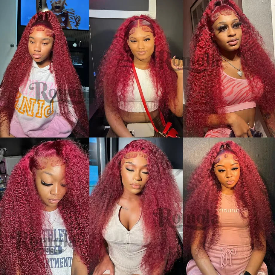 200 Density 13x4 Curly 99J Burgundy Lace Front Wig Red Wine Colored 30 38 Inch Deep Water Wave HD Lace Frontal Human Hair Wigs
