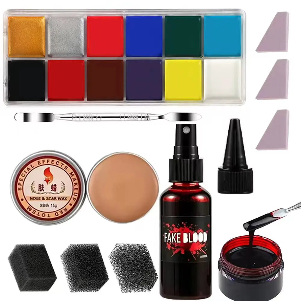 Special Effects SFX Halloween Makeup Kit - 12 Colors Face Body Paint Palette + Scar Wax with Spatula Tool + Fake Blood+Spong
