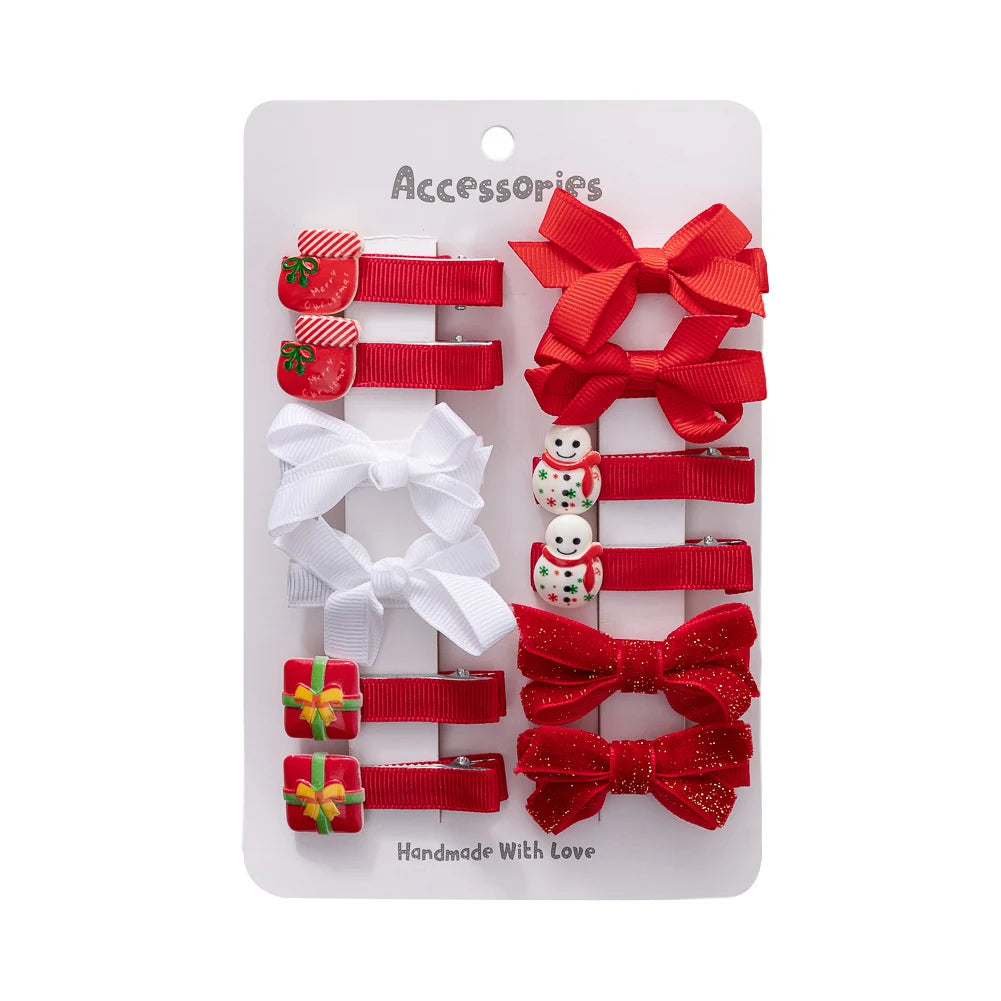 10Pcs/Lot Christmas Baby Girls Hair Clips Ribbon Santa Claus Gift Socks Tree Resin Hair Bows Xmas Dance Party New Year Hairpins