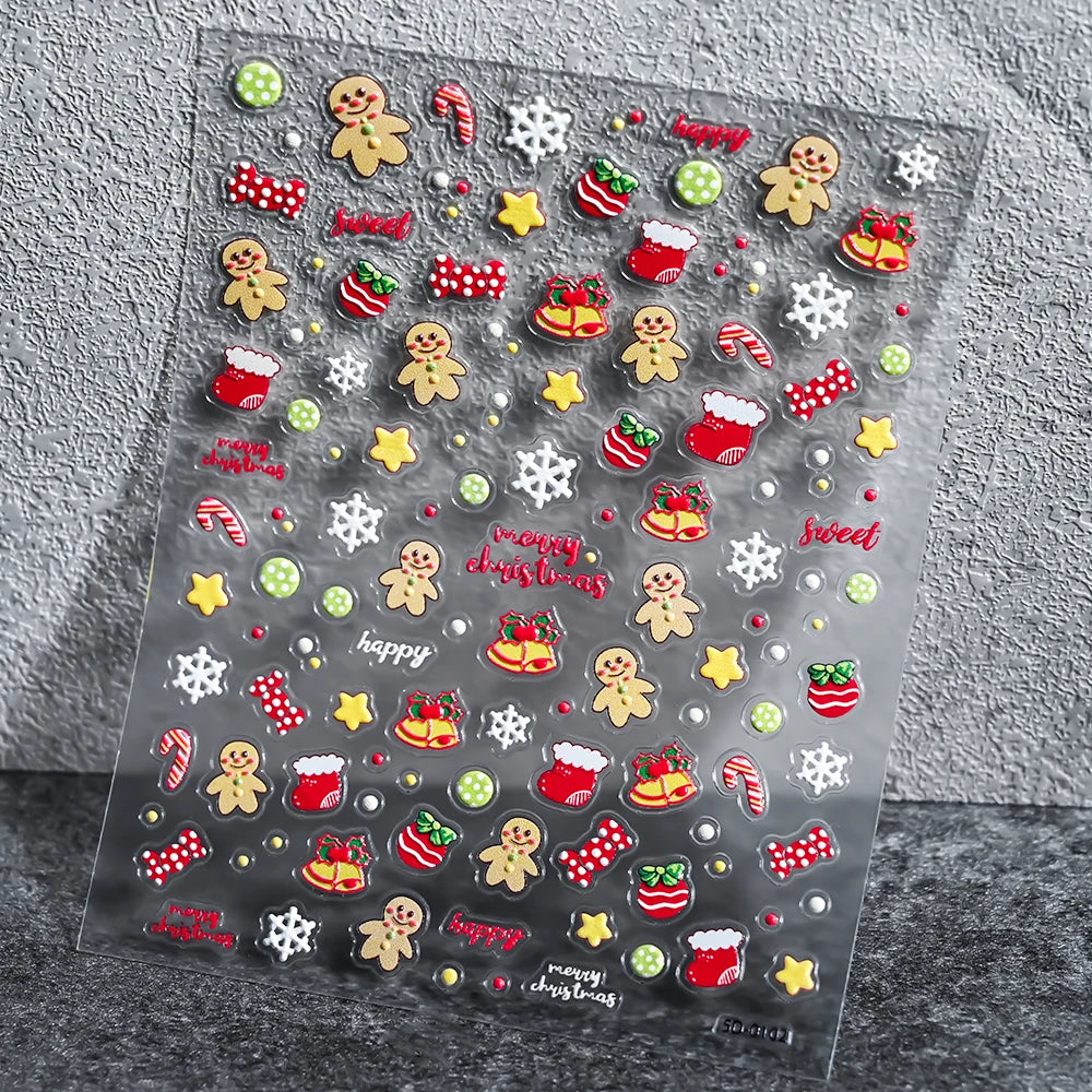 1sheet 5D Holly Berries Christmas Nail Declas Cute Polka Dots Christmas Trees Nail Stickers Gingerbread Man Snowflake Manicure