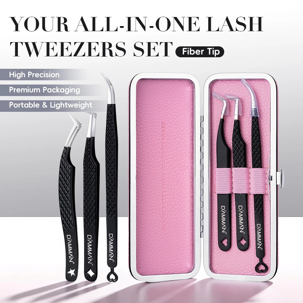 DAMMAN 3PCS Lash Tweezers Set Fiber Tip Tweezers for Eyelash Extension High Precision Eyelash Tweezers with Leather Case