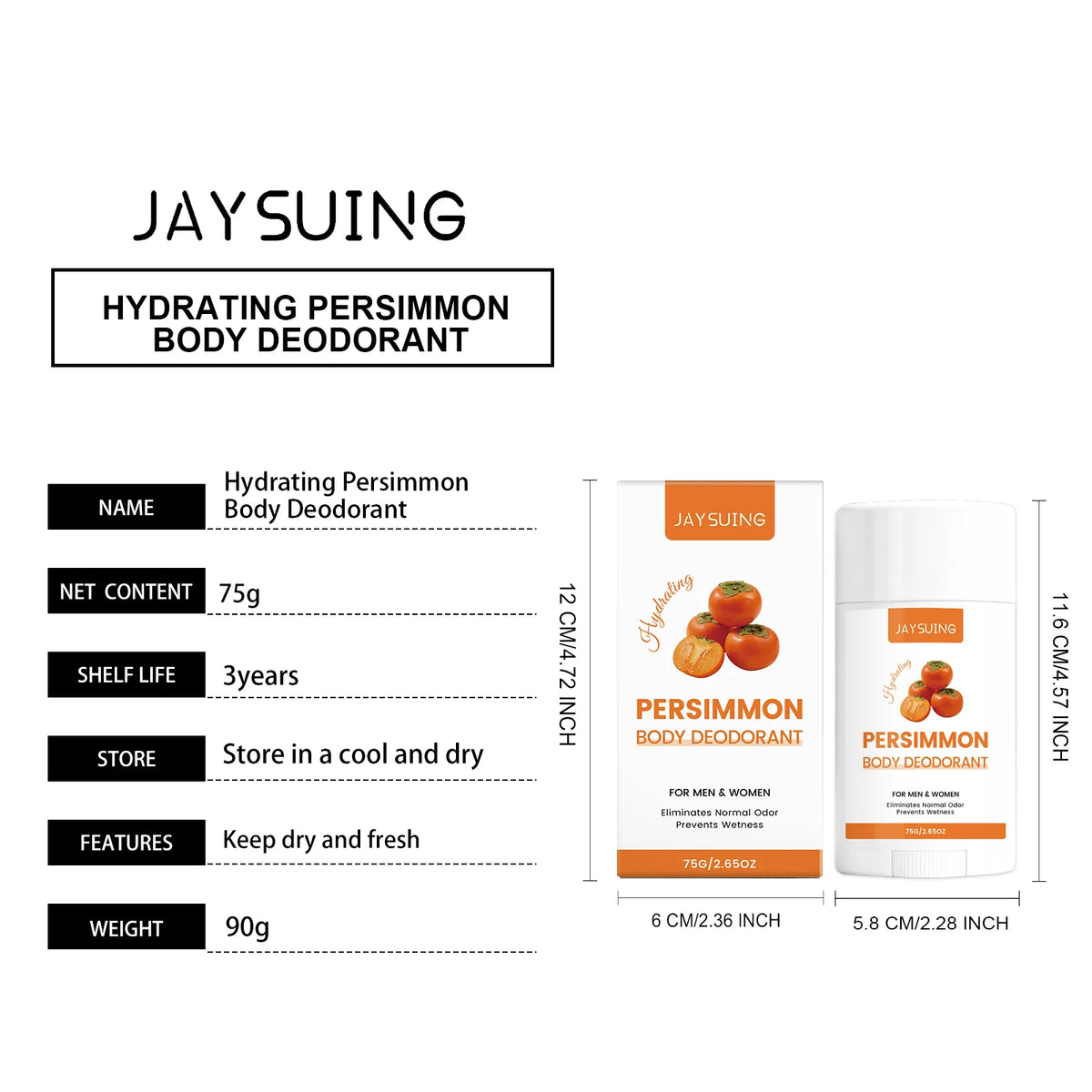 75g Persimmon Moisturizing Body Deodorant Stick Odor Control Anti Wetness Long Lasting Fresh for Underarm Care for Women Men