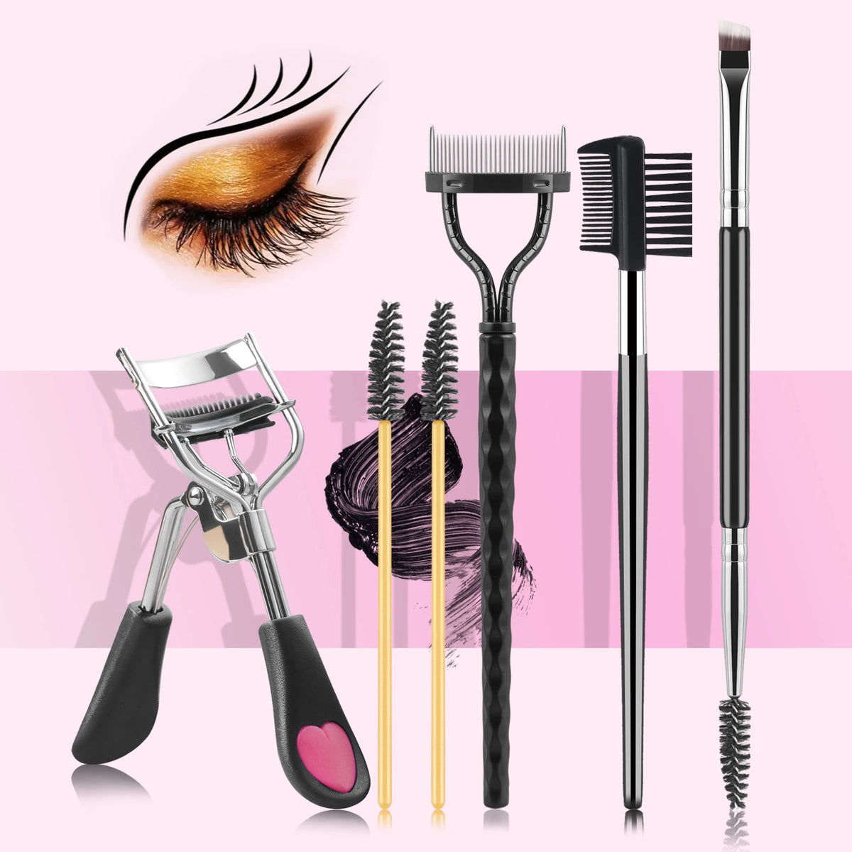 6Pcs Eyelash & Eyebrow Makeup Tools Kit Eyelash Curler Dual End Brow Brush Lash Comb Spoolie Applicator
