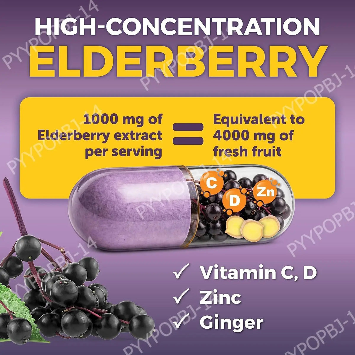 Elderberry Vitamin C Zinc Supplement with D3 5000 IU, Ginger Root Extract Sambucus Nigra Capsules 60 Count