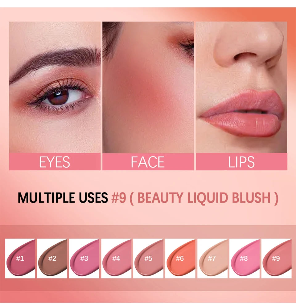 9 Shades Beauty Liquid Blush Lightweight Blendable Dewy Finish Liquid Cheek Tint Long‑Wearing Natural Flush Multi‑Use Face Blush Makeup